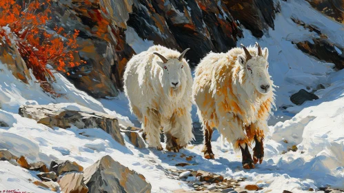 Mountain Goats Walking on Snow-covered Mountainside
