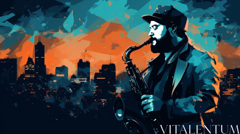 Musical Saxophonist in Cityscape Painting AI Image