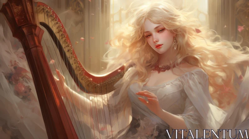 Serene Woman Playing Harp in Ornate Room AI Image