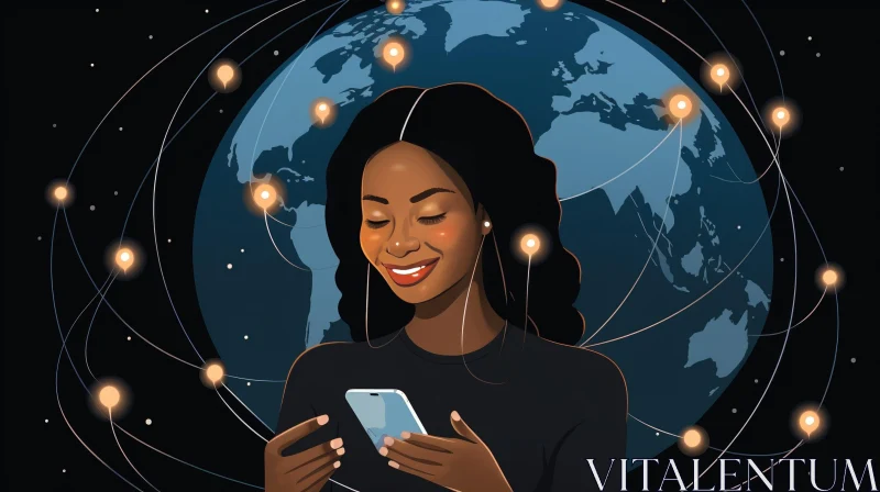 Smiling Woman with Smartphone and Earth Globe AI Image