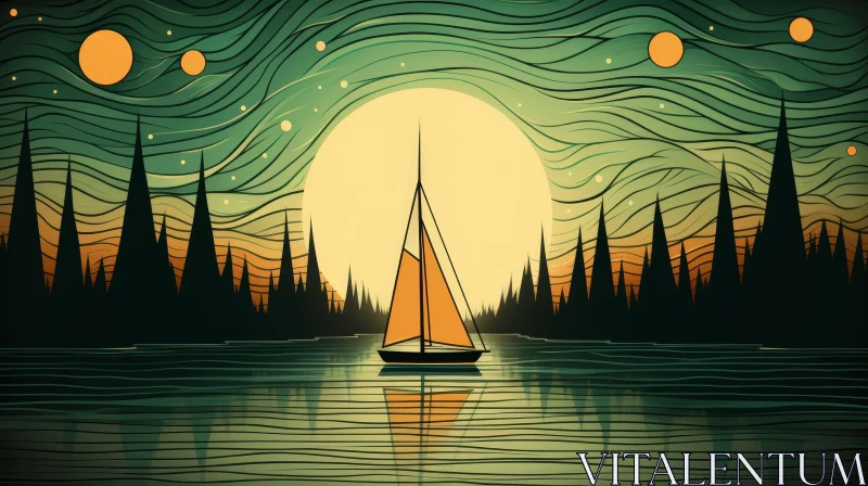 AI ART Tranquil Sailboat Painting on a Lake