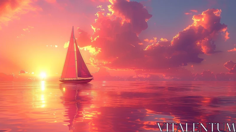 AI ART Tranquil Sunset Over Ocean with Sailboat