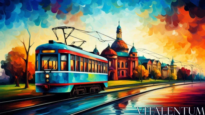 Urban Cityscape Painting with Blue and White Tram AI Image