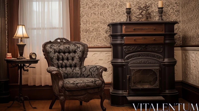 AI ART Victorian Parlor with Dark Green Armchair and Fireplace