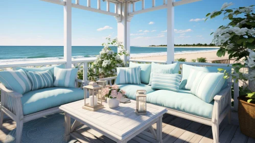 Beach House Porch with Wicker Sofas and Ocean View