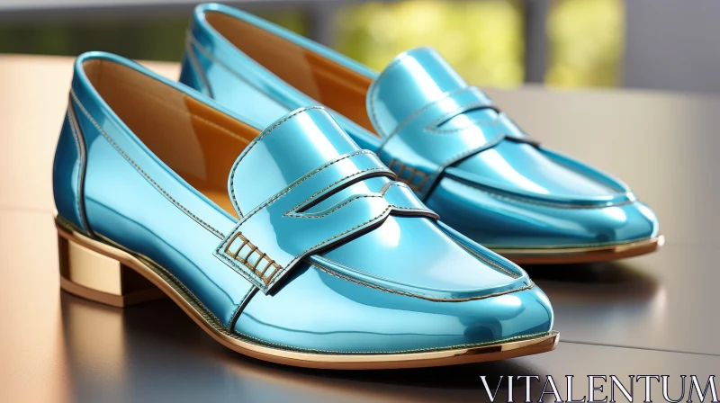 Blue Leather Loafers with Gold Buckles on Reflective Surface AI Image