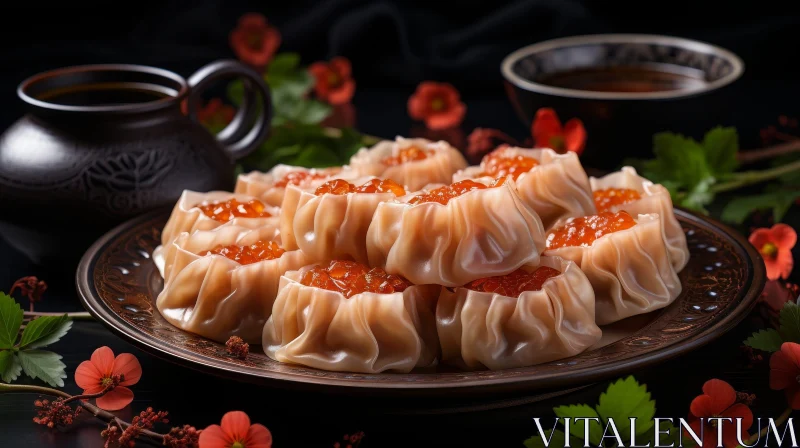 AI ART Delicious Dumplings with Red Caviar on Brown Plate