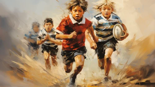 Dynamic Boys Rugby Painting in Rural Setting
