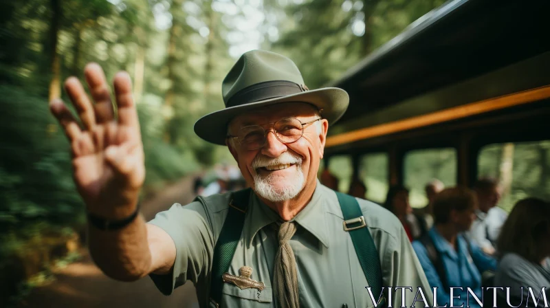 Friendly Senior Park Ranger in Green Hat in Forest Setting AI Image