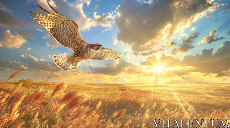 AI ART Golden Landscape with Falcon Flying Over Wheat Field at Sunset
