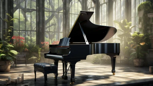 Grand Piano in Lush Greenhouse - Serene Nature Scene