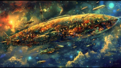 Luxurious Steampunk Airship in Starry Sky