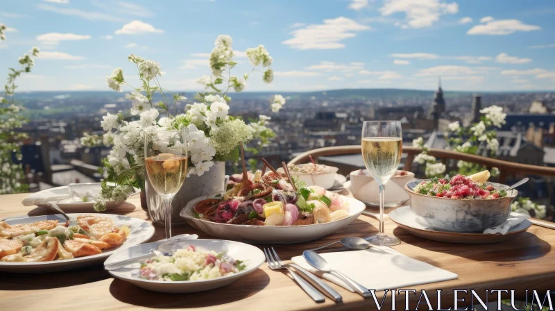 Rooftop Dining with City View - Table Setting with Flowers and Champagne AI Image
