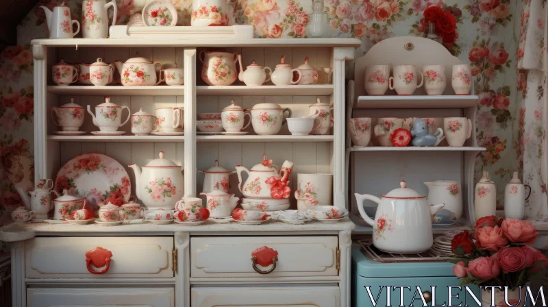 Vintage China Cabinet with Teapots and Floral Design AI Image