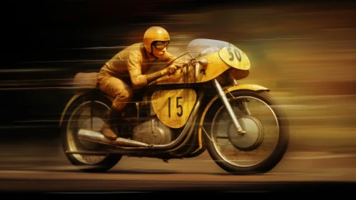 Vintage Motorcycle Racer in Yellow Leather Suit Racing on Board Track
