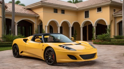 Yellow Lotus Evora Parked in Front of Mediterranean-style House