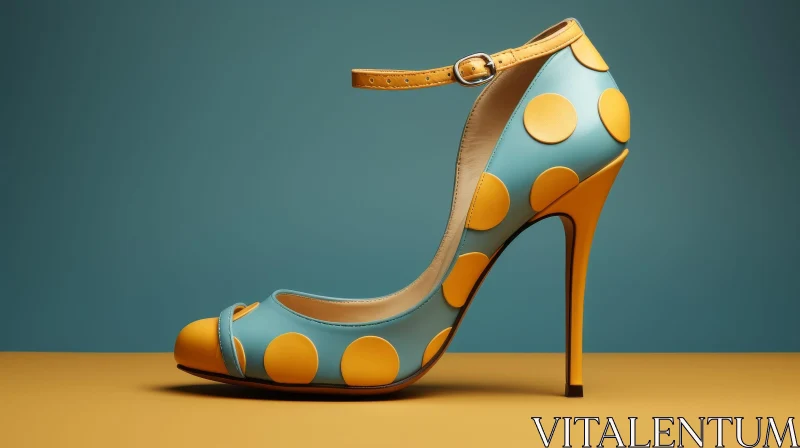 Blue High-Heeled Shoe with Yellow Polka Dots AI Image