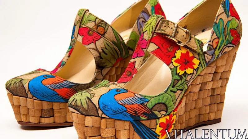 AI ART Colorful Floral Wedge Shoes with Bird Detail