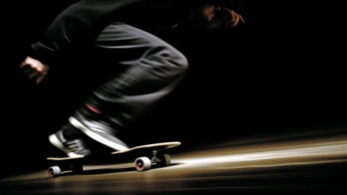 Dynamic Skateboarder in Motion on Wood with Red Wheels
