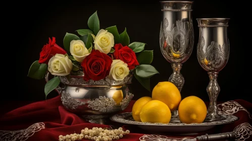Elegant Still Life Composition with Roses and Silver Elements