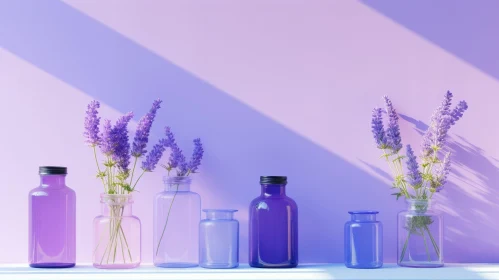 Glass Bottles and Lavender Flowers Still Life