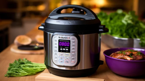 Modern Multicooker with Digital Display on Wooden Table