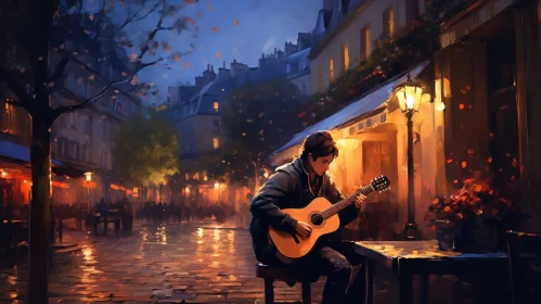 Night Street Scene Painting with Guitar Player