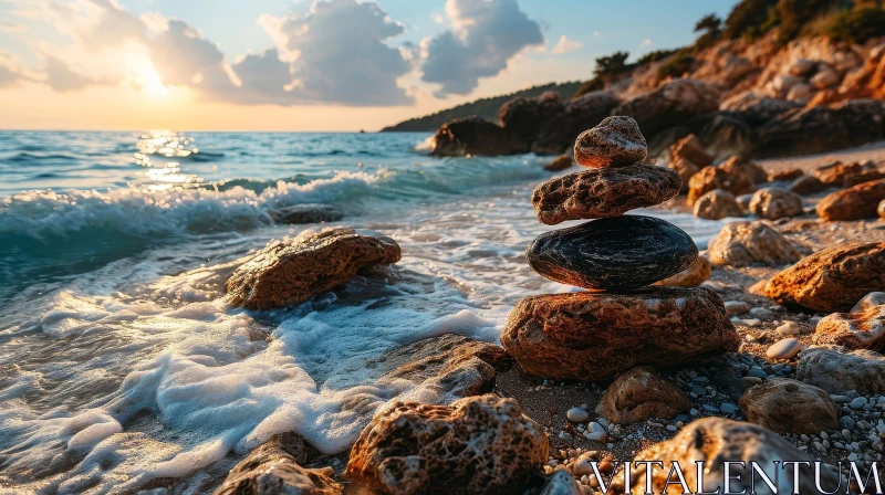 Tranquil Sunset Beach Landscape with Cairn of Stones AI Image