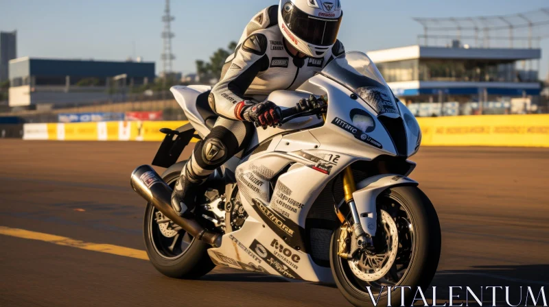 White Sport Bike Rider on Race Track AI Image
