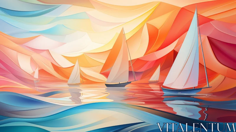 Abstract Seascape Painting - Sailboats in Turbulent Sea AI Image
