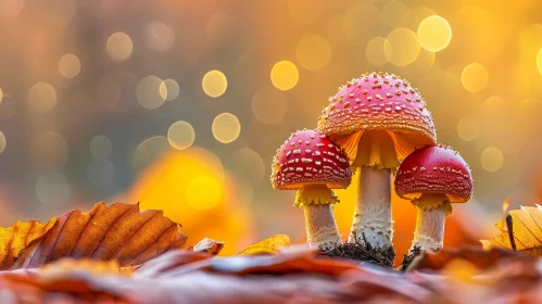 Enchanting Red Mushroom Trio in Forest Setting