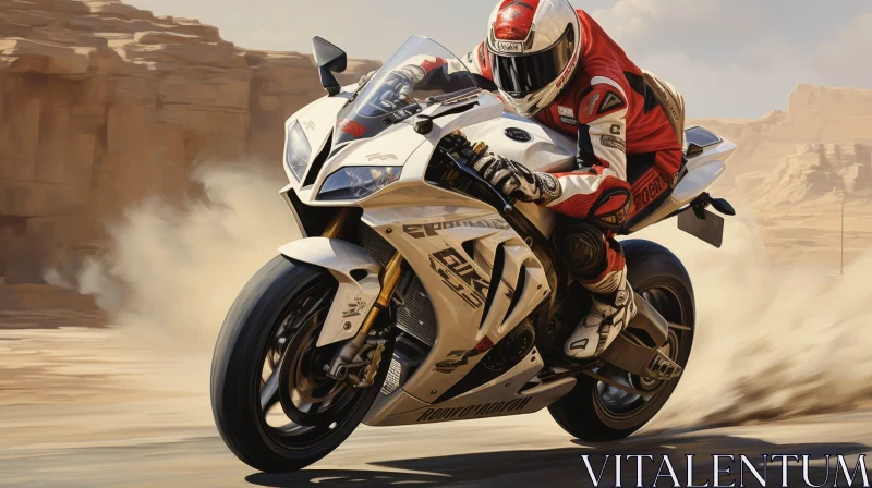 Motorcyclist Riding White Sport Bike in Desert AI Image