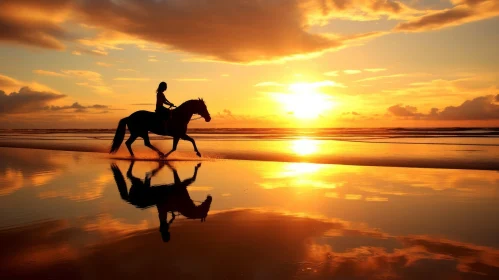 Serene Sunset: Woman Riding Horse on Beach