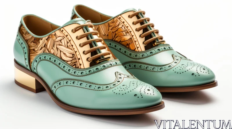 AI ART Stylish Green and Gold Floral Pattern Dress Shoes