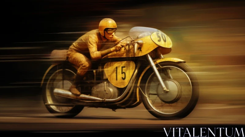 AI ART Vintage Motorcycle Racer in Yellow Leather Suit Racing on Board Track