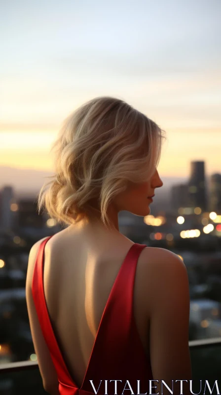 Woman in Red Dress at Sunset on Rooftop AI Image