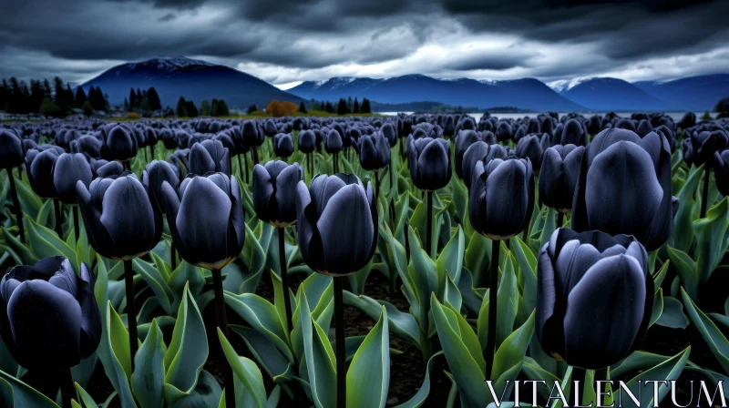 Black Tulip Field with Mountains: Nature's Contrast AI Image