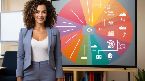 Confident Businesswoman with Colorful Pie Chart on Digital Screen