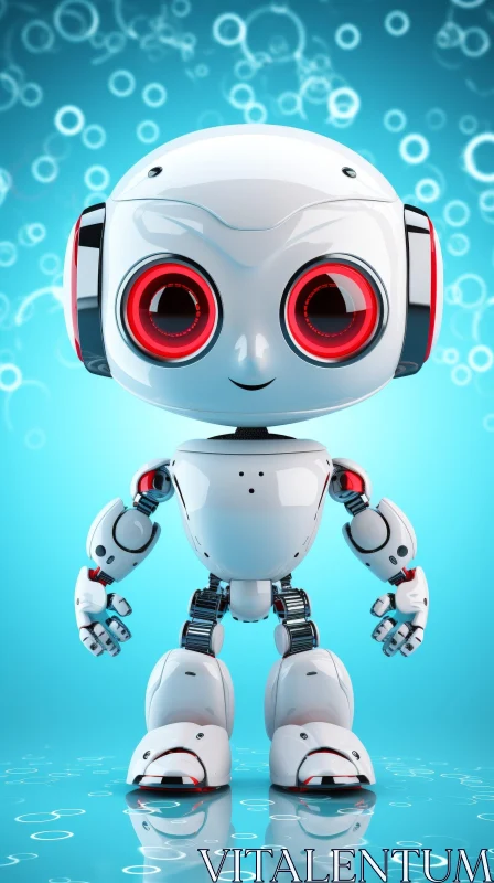 AI ART Joyful White Robot with Red Eyes on Blue Surface