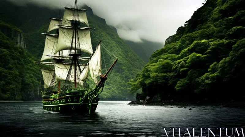Majestic Ship Sailing Through Enchanting Fjord AI Image
