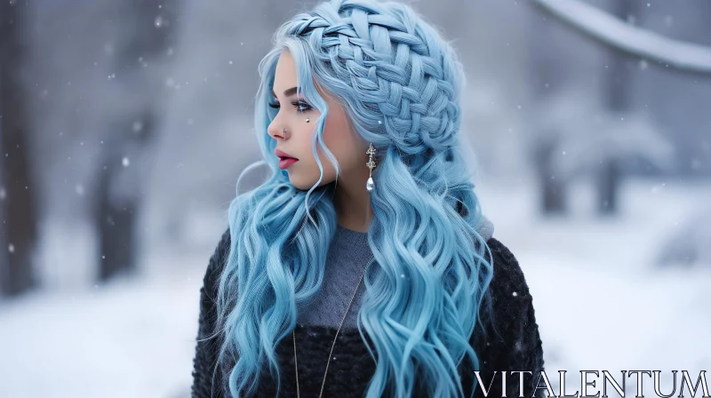 Pensive Young Woman with Blue Hair in Winter Landscape AI Image