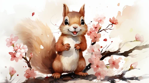Squirrel on Cherry Tree Watercolor Painting
