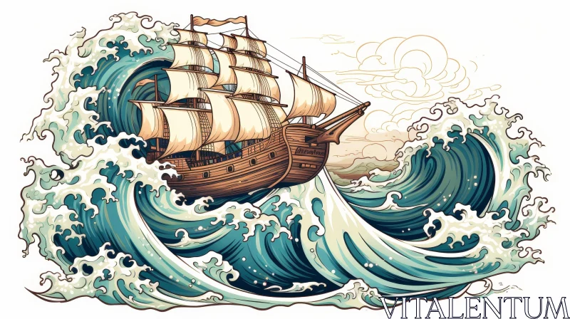 Traditional Sailing Ship in Danger - Digital Illustration AI Image