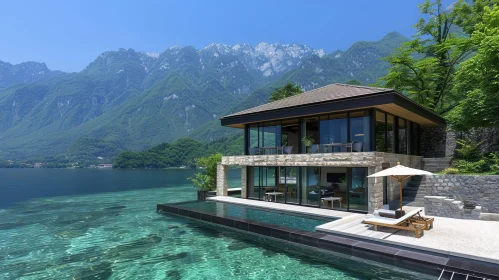 Tranquil Lake and Mountain Landscape with Modern House