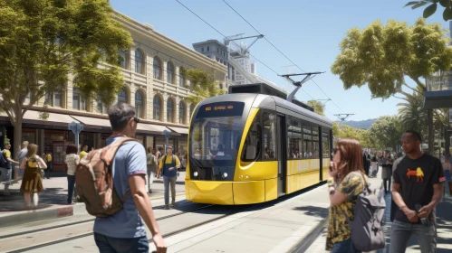 Urban Scene: Yellow Tram in Motion