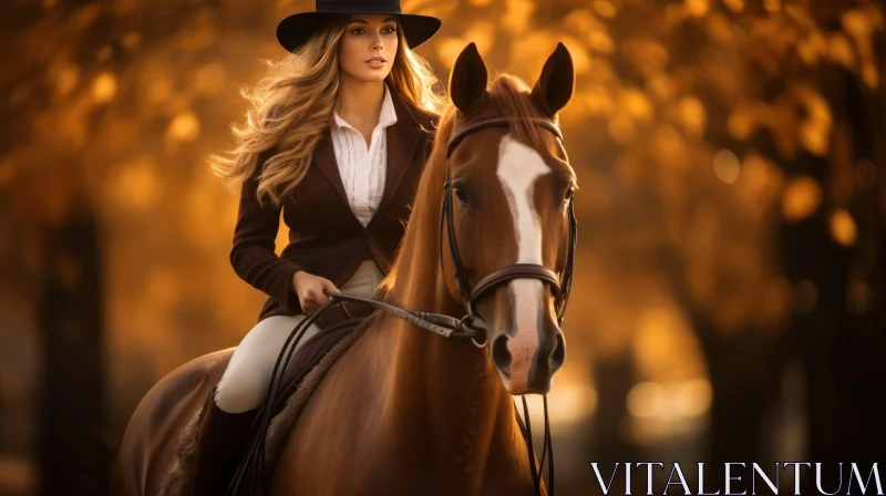 Woman Riding Horse in Autumn Forest AI Image