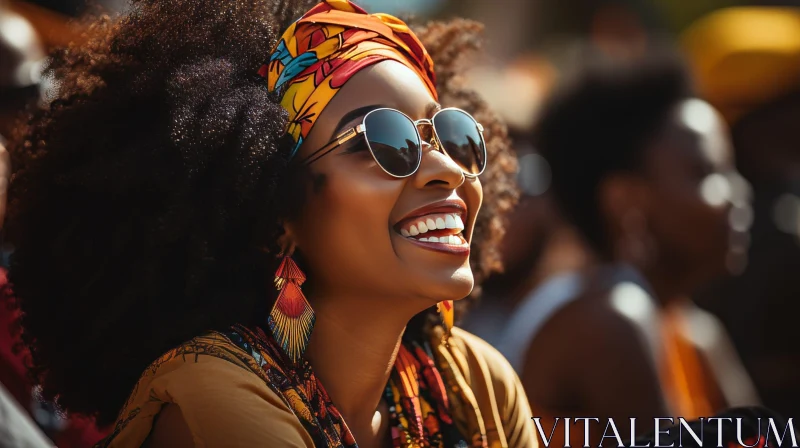 AI ART Young African-American Woman Portrait with Colorful Head Wrap and Sunglasses