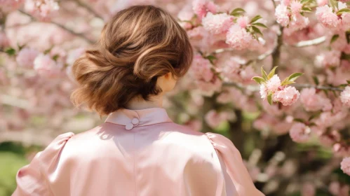 Young Woman in Pink Silk Blouse Standing in Cherry Blossom Garden