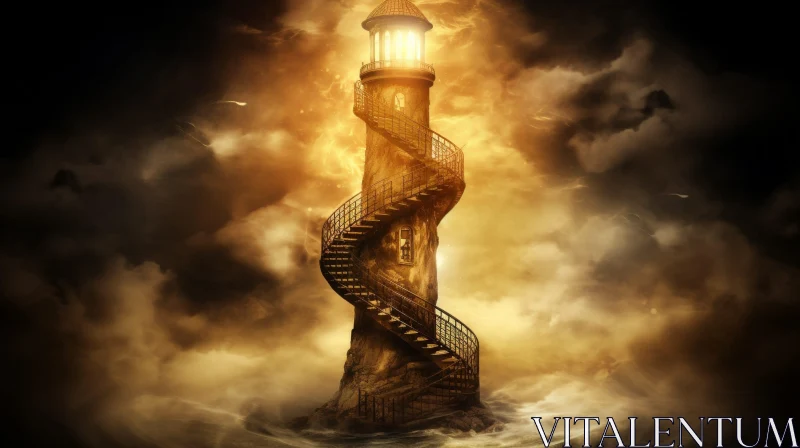 Dark Stormy Night with Imposing Lighthouse AI Image
