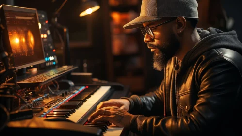 Man Playing Keyboard in Recording Studio